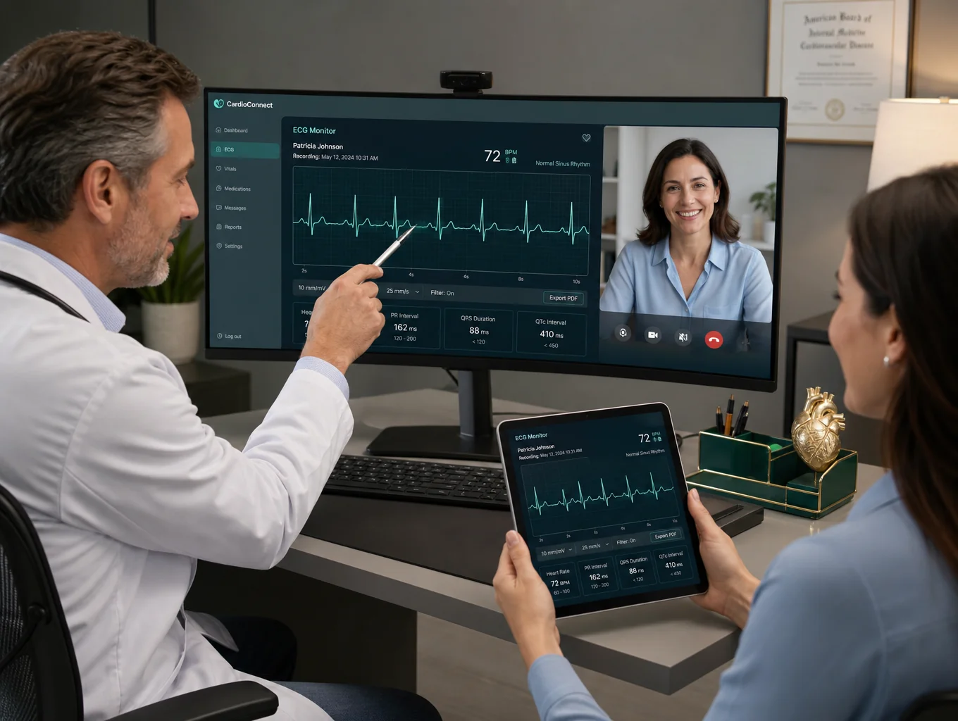 Doctor reviewing cardiac rhythm and heart monitor output