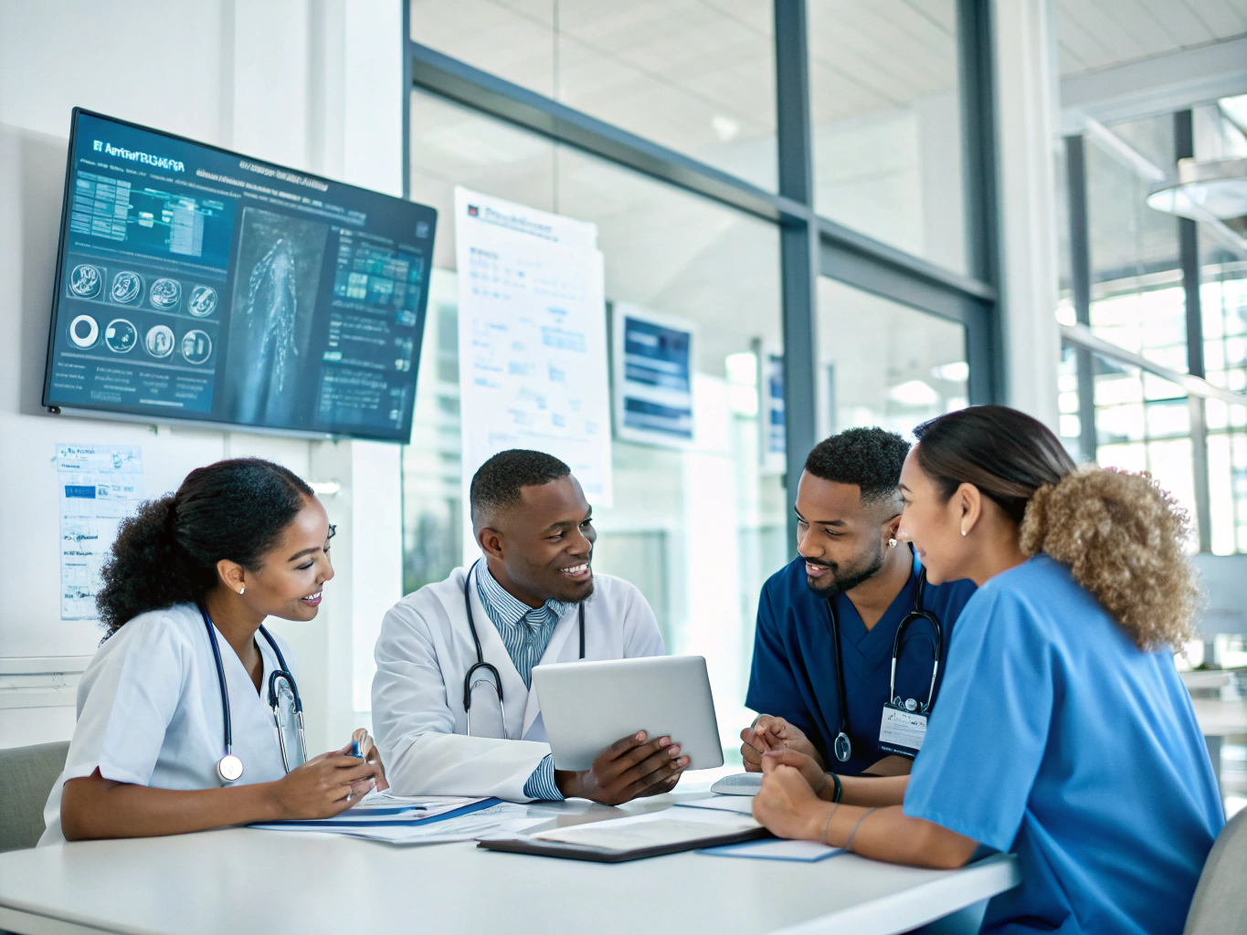 Diverse care coordination team in a medical setting working together