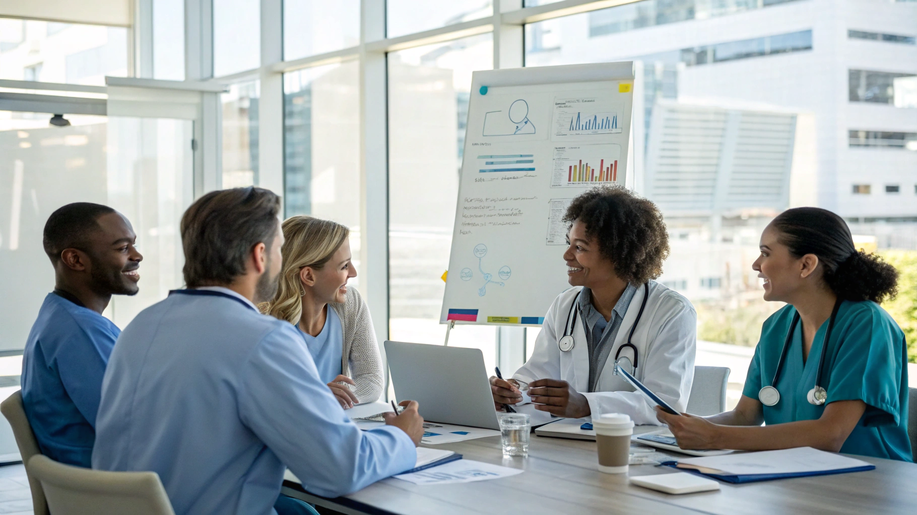 Clinical leaders reviewing patient care outcomes and healthcare strategy