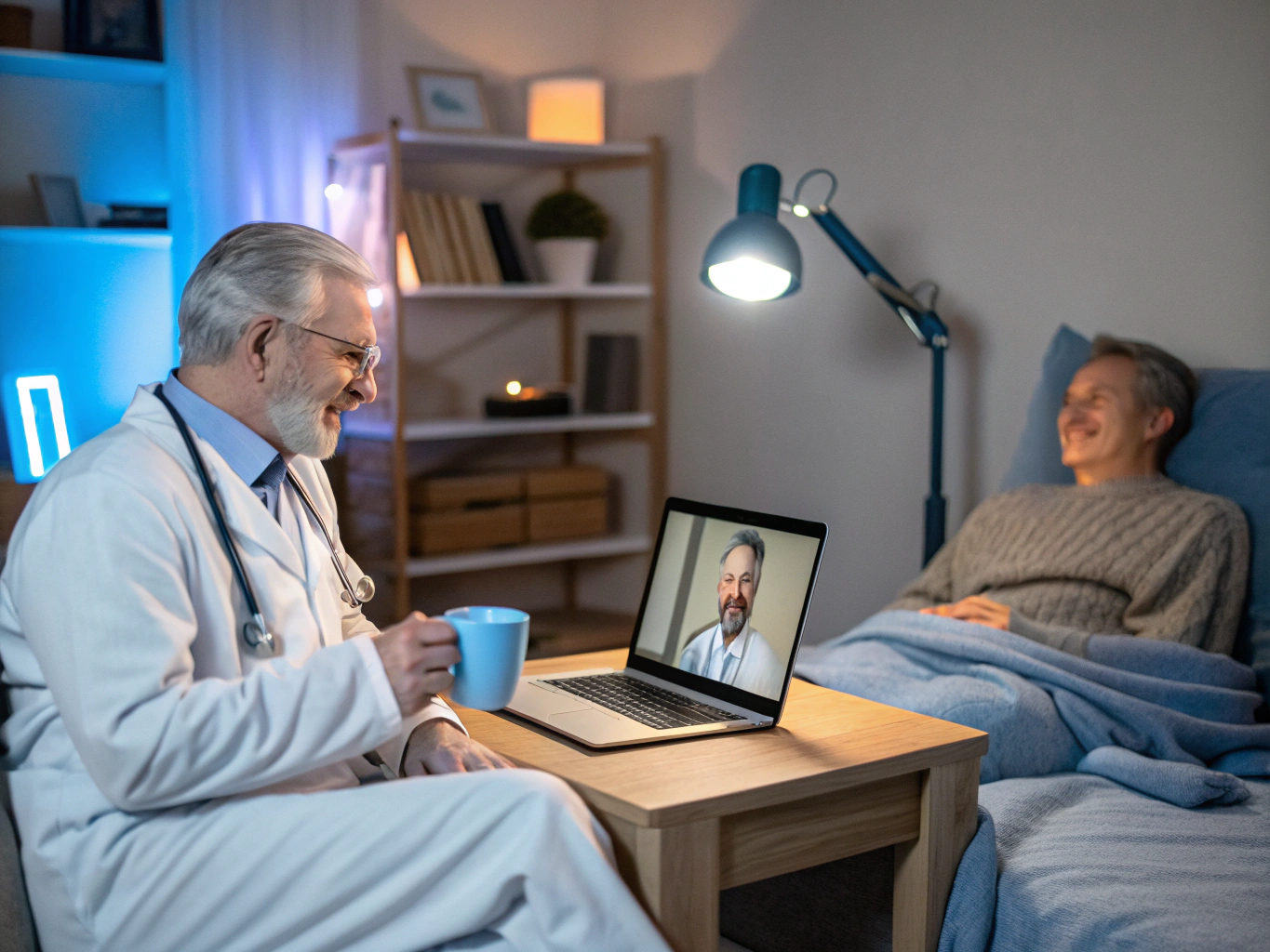 Clinical telehealth consultation showing doctor and patient in virtual visit