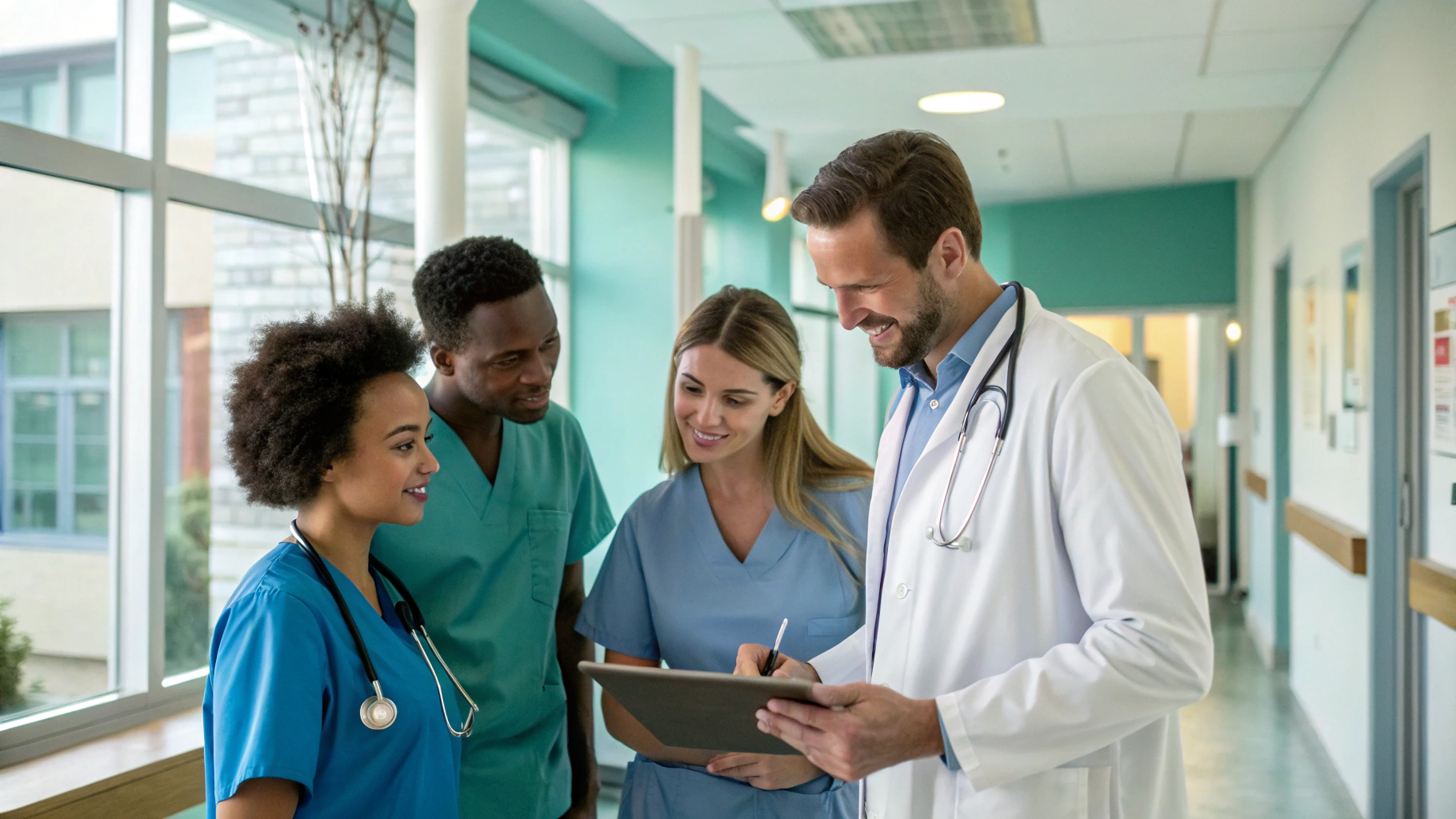 Healthcare team in modern medical facility coordinating operational workflows