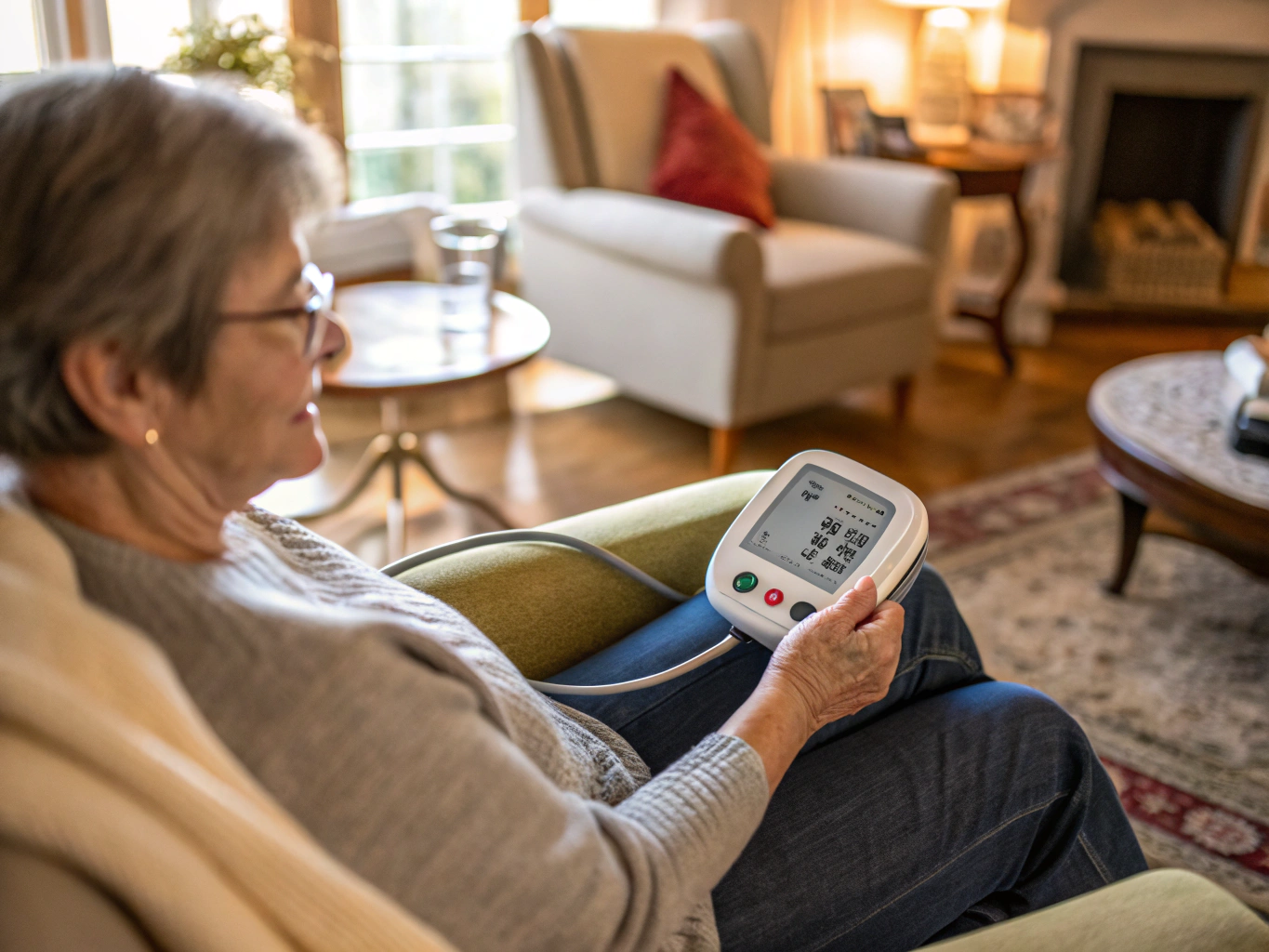 Patient at home using connected medical wearables including a smartwatch and blood pressure monitor