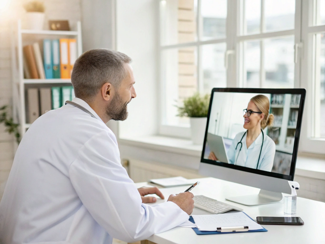 Specialist physician evaluating patient vitals during telehealth consult