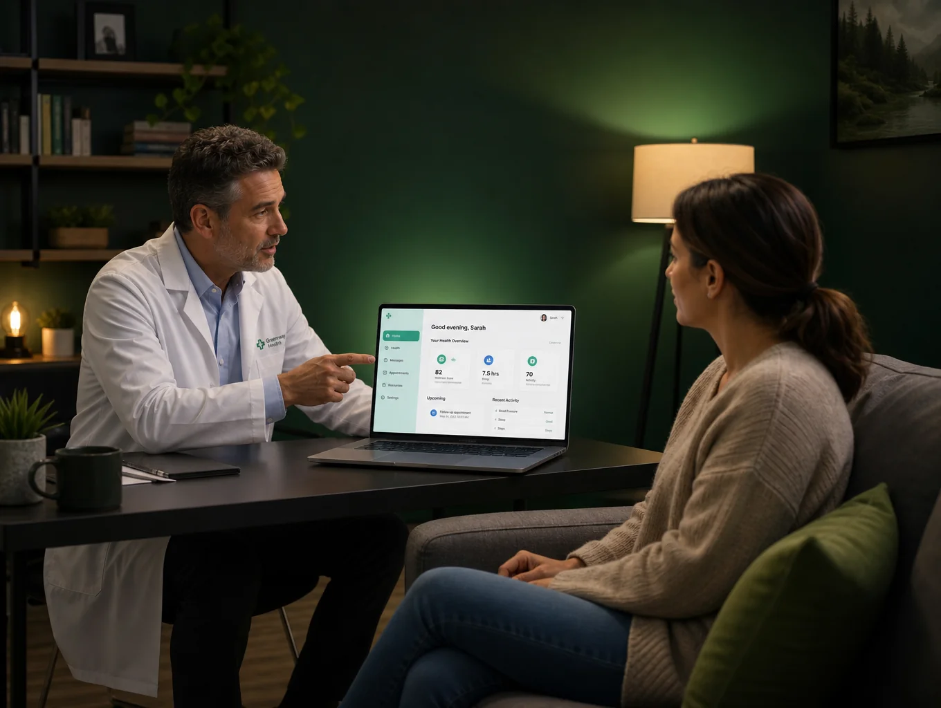 Doctor conducting remote specialist consultation with medical telemetry display