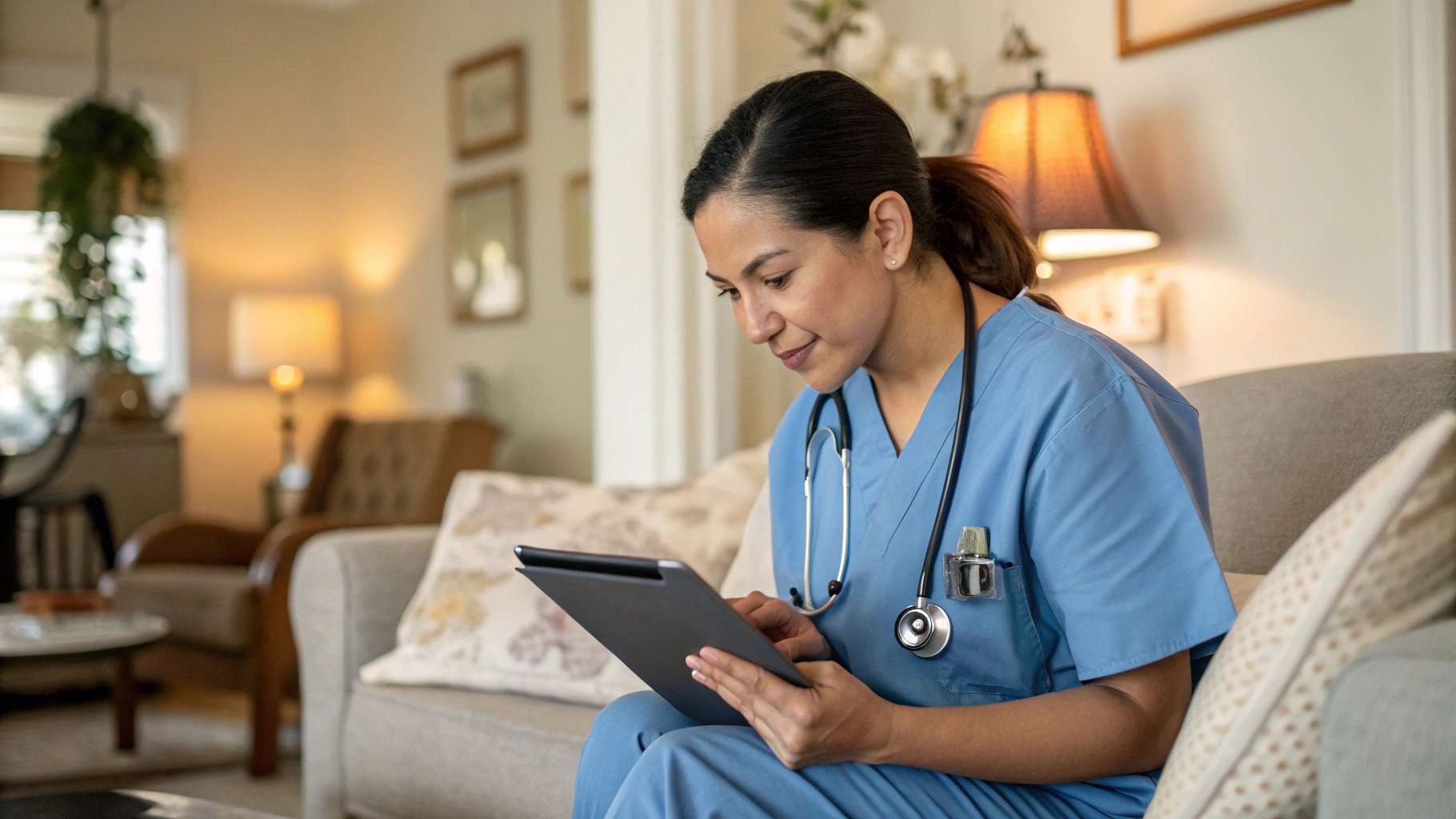 Female medical assistant setting up wearable monitoring devices in a client's home during a telehealth video visit, with the client standing nearby watching